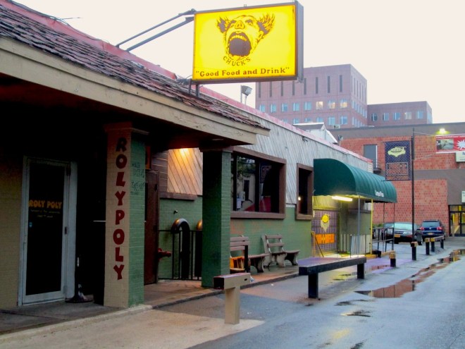 727 S. Crouse Ave. with the successor to Hungry Charlie's, Chuck's upstairs and the original Hungry Charlie's entrance downstairs, now Funk 'N Waffles.